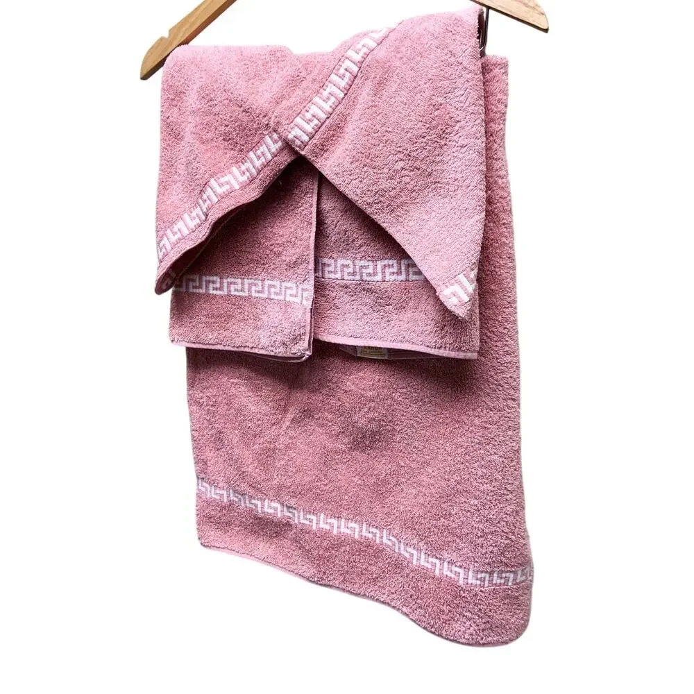 Vintage 1980s Set 5 Cannon Pink Greek Key Trim Bath Hand Towels and Wash Cloths